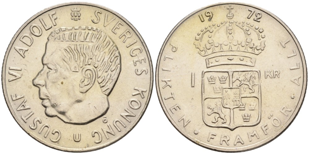 Швеция 1 крона 1972 U, Густав VI Адольф (1950-1973), в лаке KM 826а медь плакированная медно-никелем 4557-415