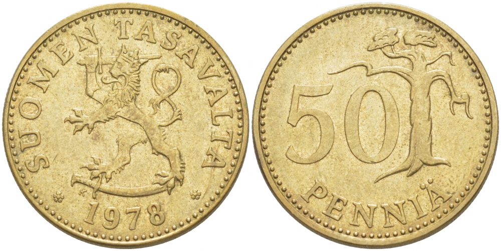 ФИНЛЯНДИЯ 50 ПЕННИ 1978 K KM 48 алюминиевая бронза 212-1045