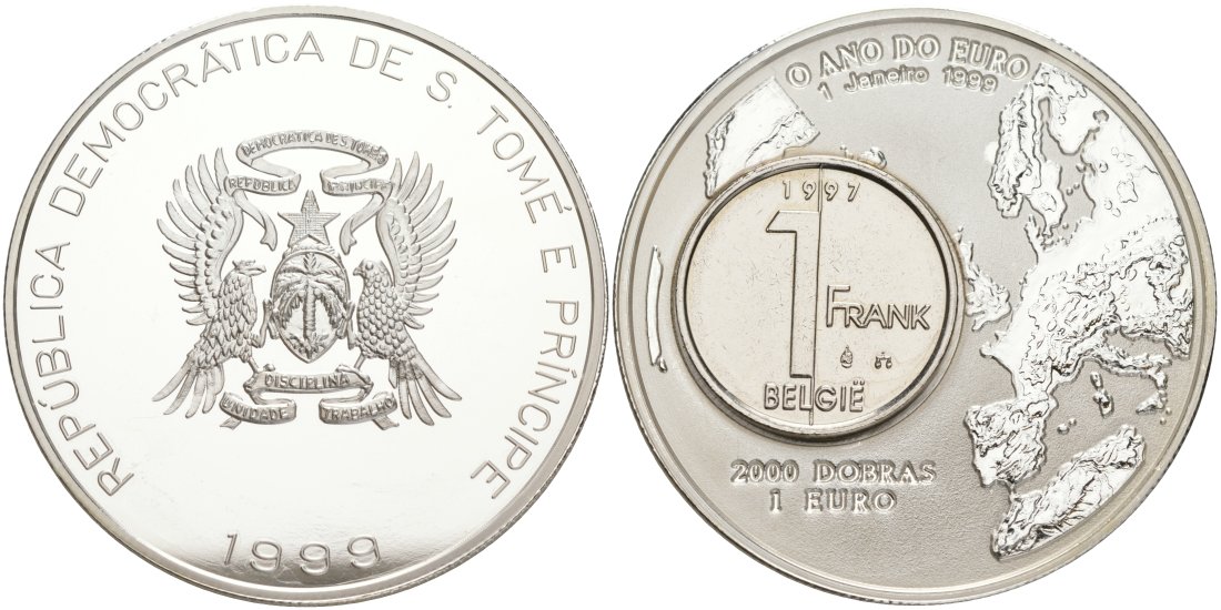 Сан-Томе и Принсипи 2000 добра-1 евро 1999 год евро, карта и Бельгия 1 франк KM 103 серебро PROOF 00-000-00