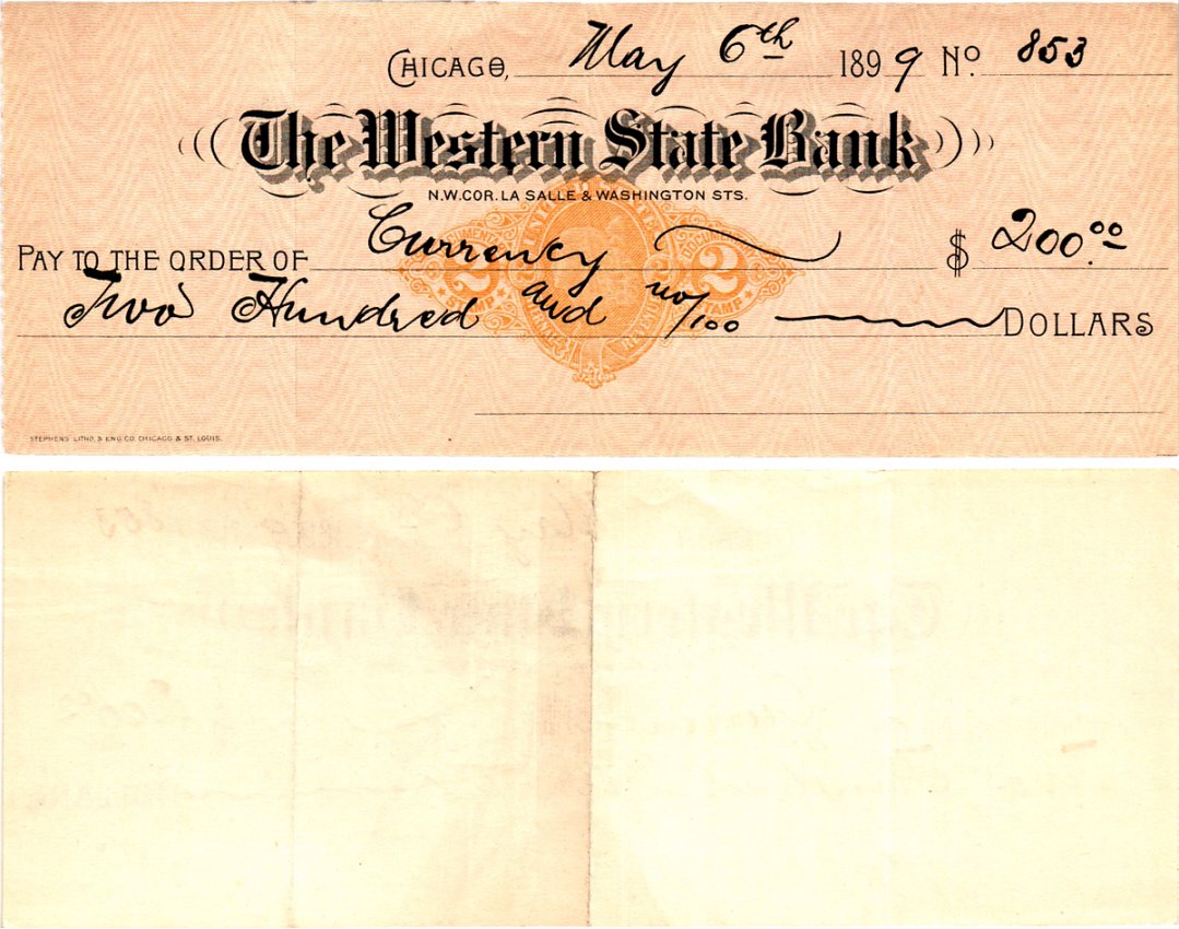 США чек на 200 долларов 1899 The Western State Bank, Чикаго бумага 6287-45-3-2