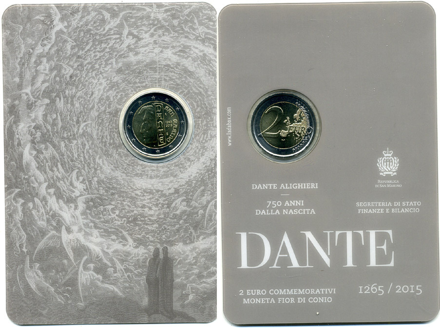 Сан-Марино 2 евро 2015 750 лет Данте Алигьери, в оригинальном буклете KM NEW биметалл UNC 7-1-73