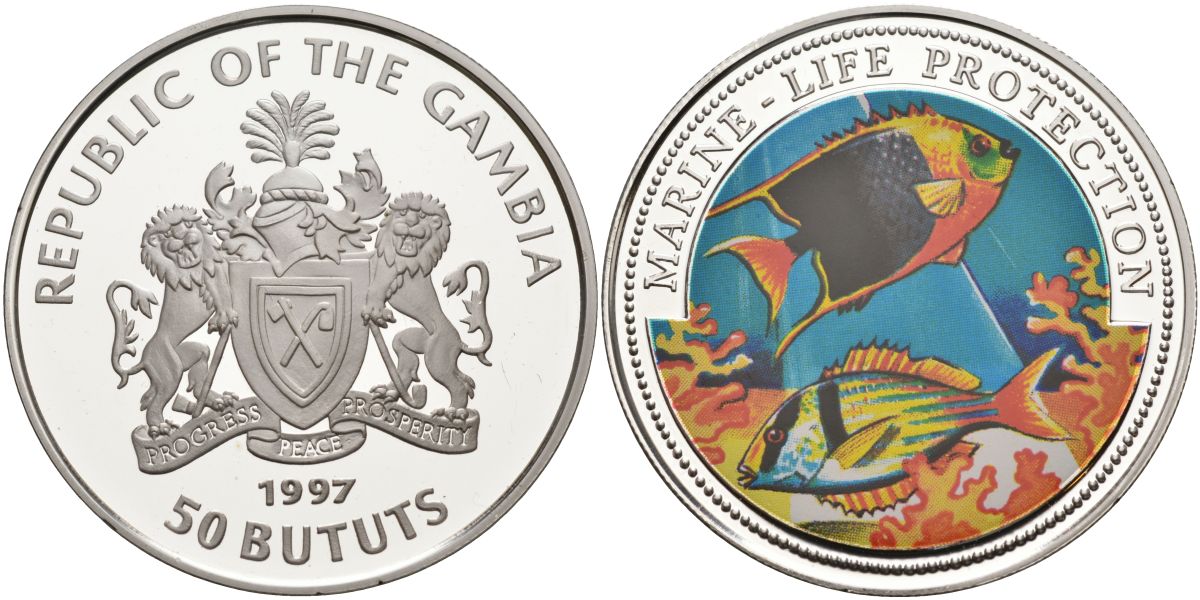 Гамбия 50 бутутов 1997 серия подводный мир, коралловые рыбки, цветная эмаль KM 60 серебро PROOF 11-327-33