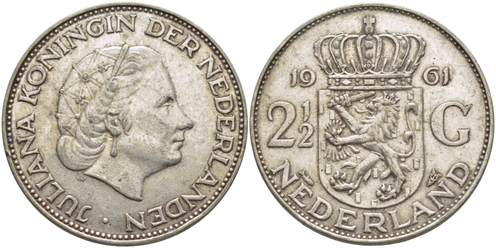 Нидерланды 2 1/2 гульдена 1961 Юлиана (1848-1980) KM 185 серебро 114-532