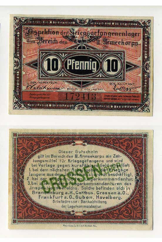 Германия 10 пфеннигов 1917 инспекция лагерей военнопленных в Кроссене, III-ий Армейский корпус C-2847 бумага UNC (пресс) 504-89-3-1