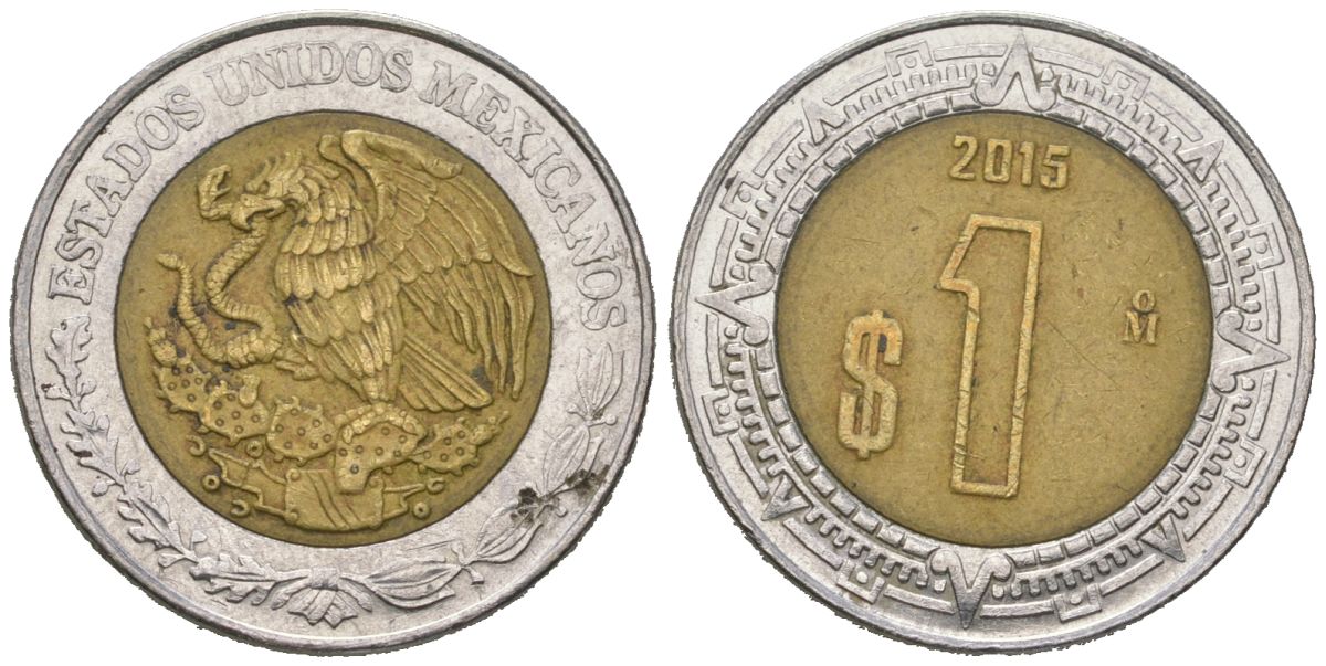 Мексика 1 песо 2015 KM 603 биметалл 4621-554