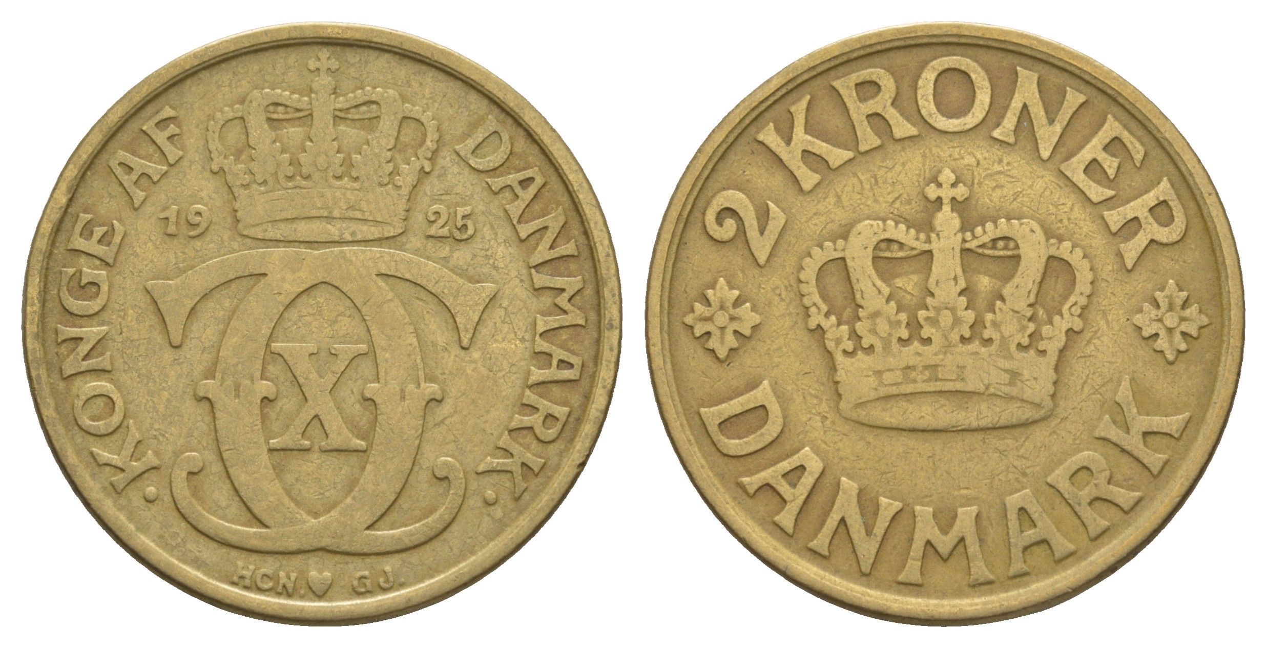 Дания 2 кроны 1925 HCN; GJ, Кристиан X (1912-1947) KM 825 алюминиевая бронза 114-1133