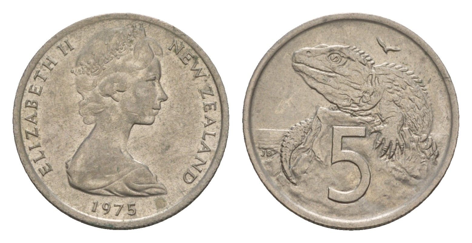 Новая Зеландия 5 центов 1975 Елизавета II (1952-2022), ящерица гаттерия KM 34.1 медно-никель 4655-1158