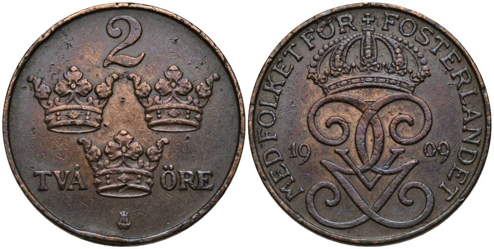 Швеция 2 эре 1909 Густав V (1907-1950) KM 778 бронза 27-1023