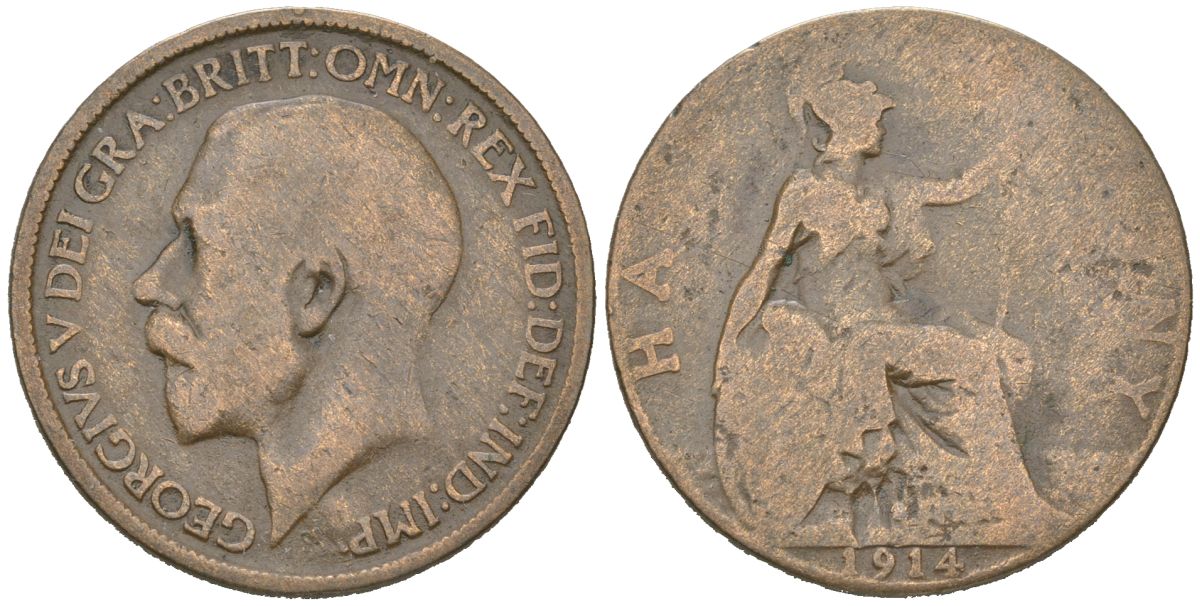 Великобритания 1/2 пенни 1914 Георг V (1910-1936) KM 809, Spink 4056 бронза 4616-727