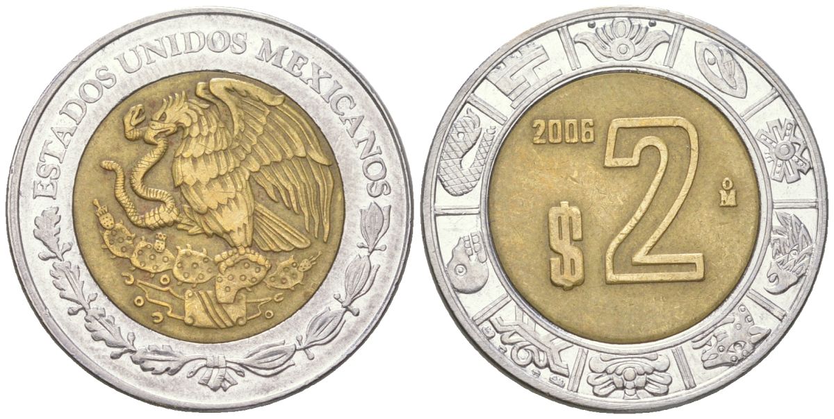 Мексика 2 песо 2006 Mo KM 604 биметалл 4398-534