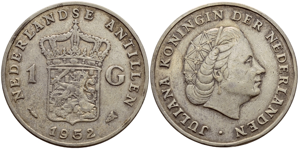 Нидерландские Антилы 1 гульден 1952 Юлиана (1948-1980) KM 2 серебро 4607-1025