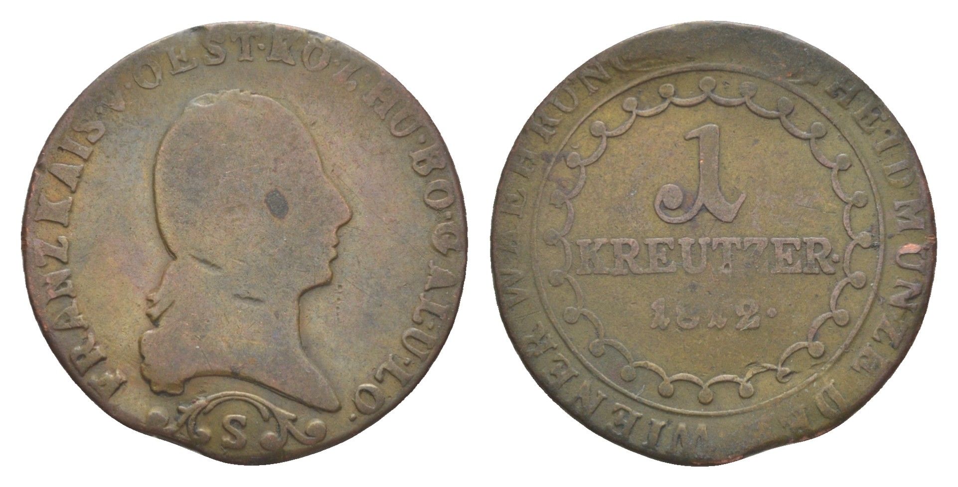 Австрия 1 крейцер 1812 S, Франц II (1792-1835) KM 2112 медь 4606-1237
