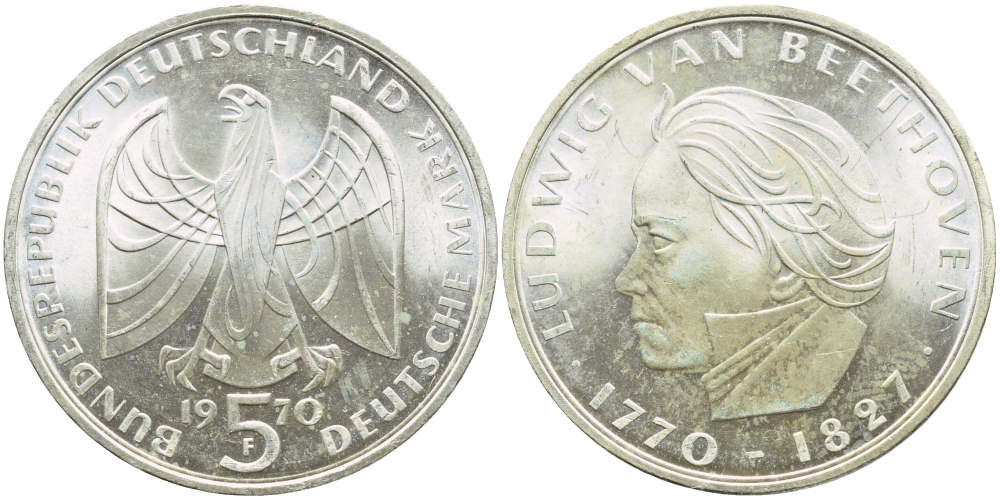 ФРГ 5 марок 1970 F. 200 лет со дня рождения Людвига ван Бетховена KM 127, J. 408 серебро UNC 87-1031