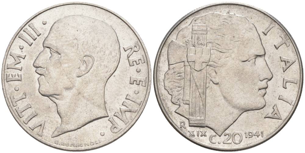 ИТАЛИЯ 20 ЧЕНТЕЗИМО 1941 R, ГОД XIX, ВИКТОР ЭММАНУИЛ III (1900-1946) KM 75b, VEM3. 1028 нержавеющая сталь 3853-647