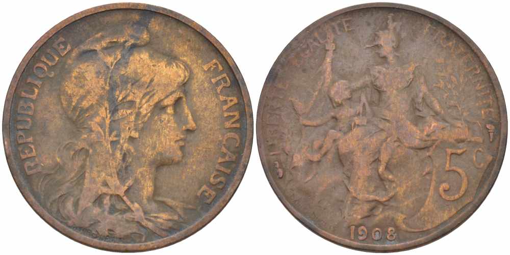 ФРАНЦИЯ 5 САНТИМОВ 1908 ТИП ДАНИЭЛЬ ДЮПЮИ KM 842, LE FRANC 119.19 бронза 108-911