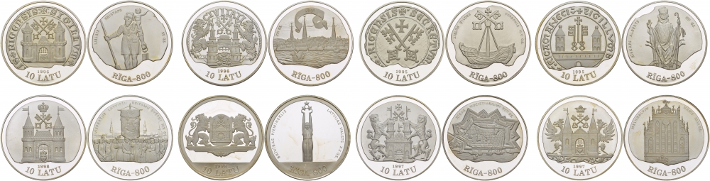 Латвия официальный набор из 8 монет по 10 лат 1995-1998 800 лет Риге, в оригинальной коробке серебро PROOF 14-01-01-07