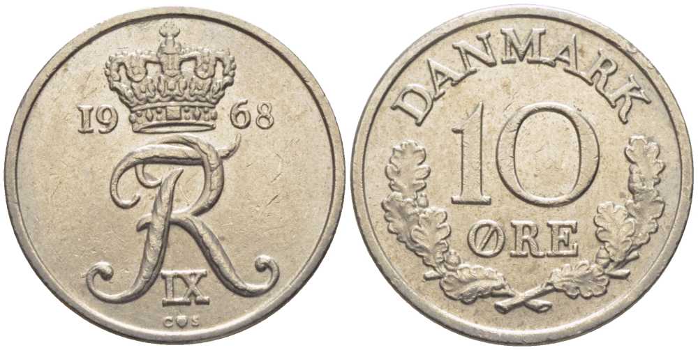 ДАНИЯ 10 ЭРЕ 1968 C;S, ФРЕДЕРИК IX (1947-1972) KM 849,1 медно-никель 201-1227