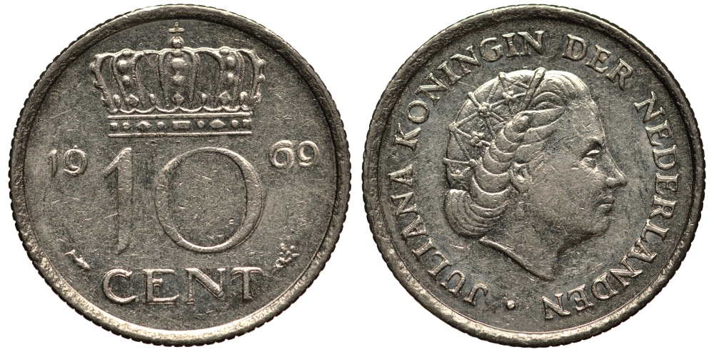 Нидерланды 10 центов 1969 Юлиана (1948-1980) KM 182 никель VF 4181-122