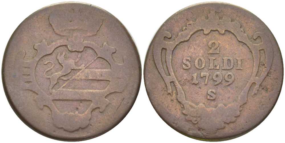 ГОРИЦИЯ, ИТАЛИЯ 2 СОЛЬДО 1799 S, ФРАНЦ II АВСТРИЙСКИЙ (1792-1835) KM 9.5 медь 202-256