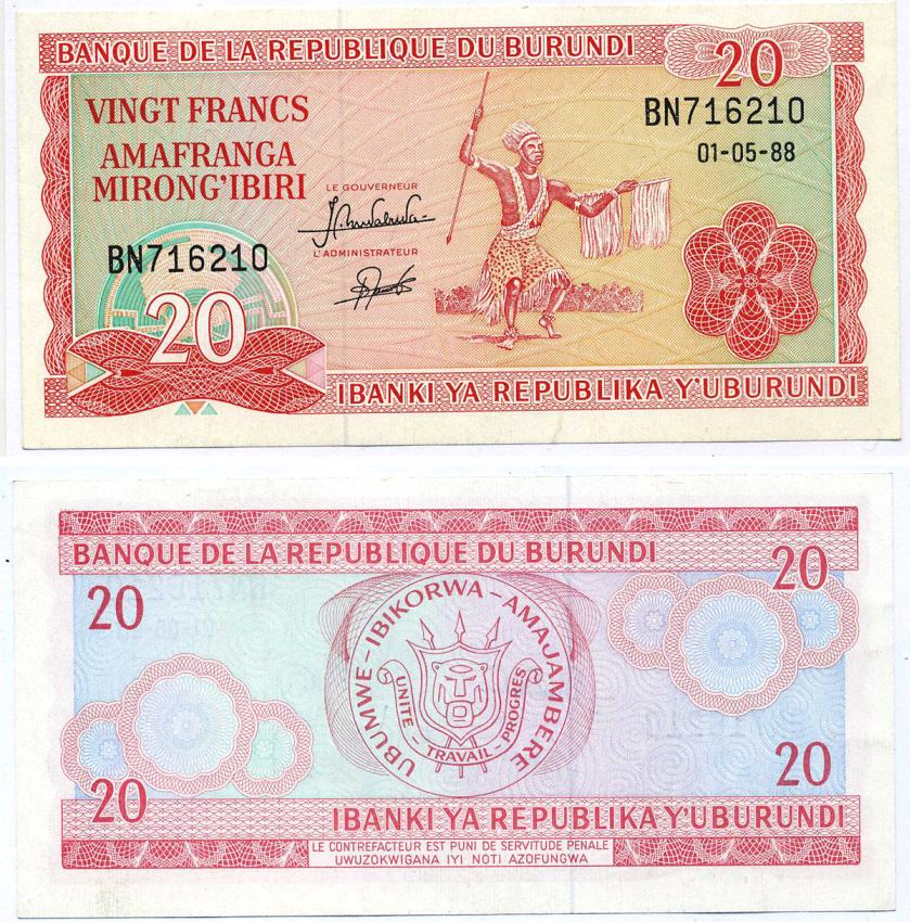БУРУНДИ 20 ФРАНКОВ 1988 1 МАЯ 1988 Pick 27b бумага UNC (ПРЕСС) 8595-2-3-1