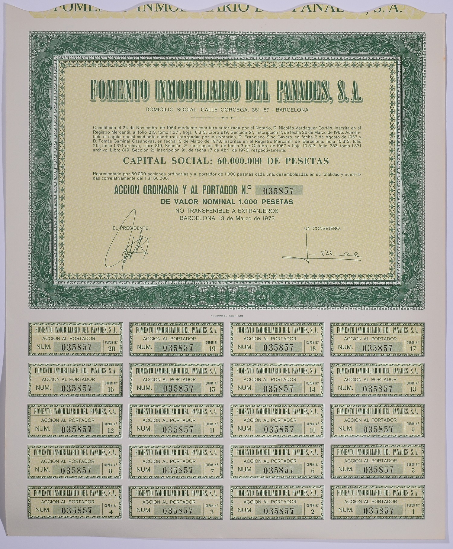 Испания акция на 1000 песет 1973 Fomento Inmobiliario del Panades, S.A., Барселона 1973, с купонами бумага 5544-19