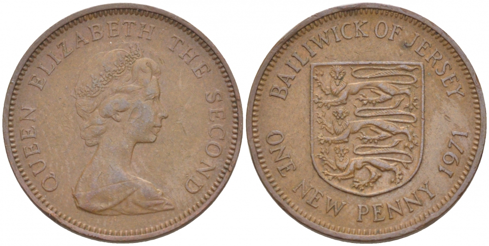 Джерси 1 новый пенни 1971 Елизавета II (1952-2022), герб KM 30 бронза 4547-1113
