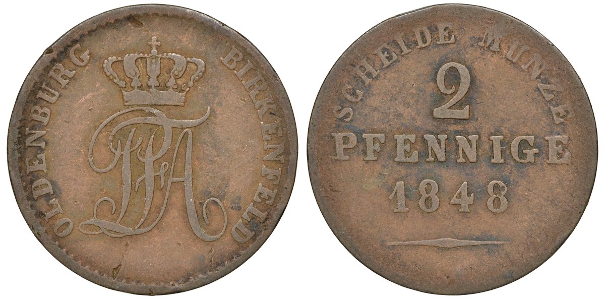 Ольденбург для Биркенфельда 2 пфеннига 1848 медь 4174-1026