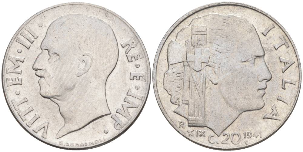 ИТАЛИЯ 20 ЧЕНТЕЗИМО 1941 R, ГОД XIX, ВИКТОР ЭММАНУИЛ III (1900-1946) KM 75b, VEM3. 1028 нержавеющая сталь 3853-915