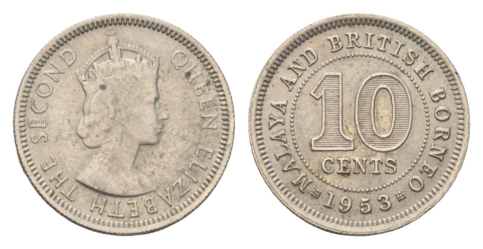 Британская Малайя 10 центов 1953 Елизавета II (1952-2022) KM 2 медно-никель 4659-1237