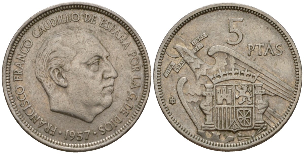 Испания 5 песет 1957 (72) Франсиско Франко (1939-1975) KM 786 медно-никель 186-727