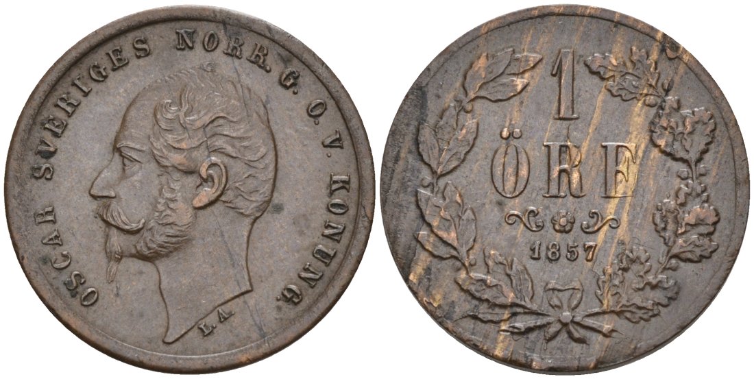 Швеция 1 эре 1857 Оскар I (1844-1859), отслойка на реверсе KM 687 бронза 188-1221
