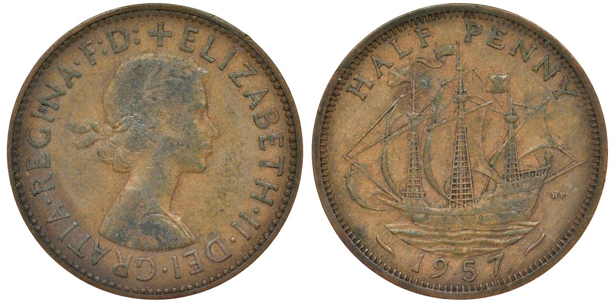 Великобритания 1/2 пенни 1957 Елизавета II (1952-2022) KM 896, Spink 4158 бронза 4681-536