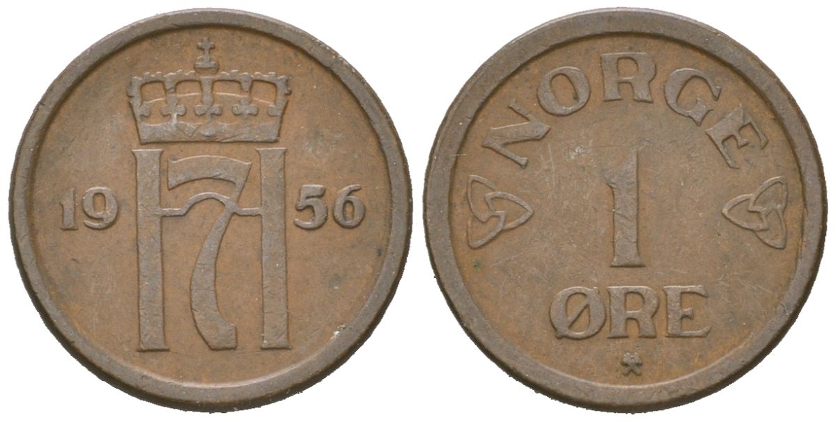 Норвегия 1 эре 1956 Хокон VII (1905-1957) KM 398 бронза 3334-1169