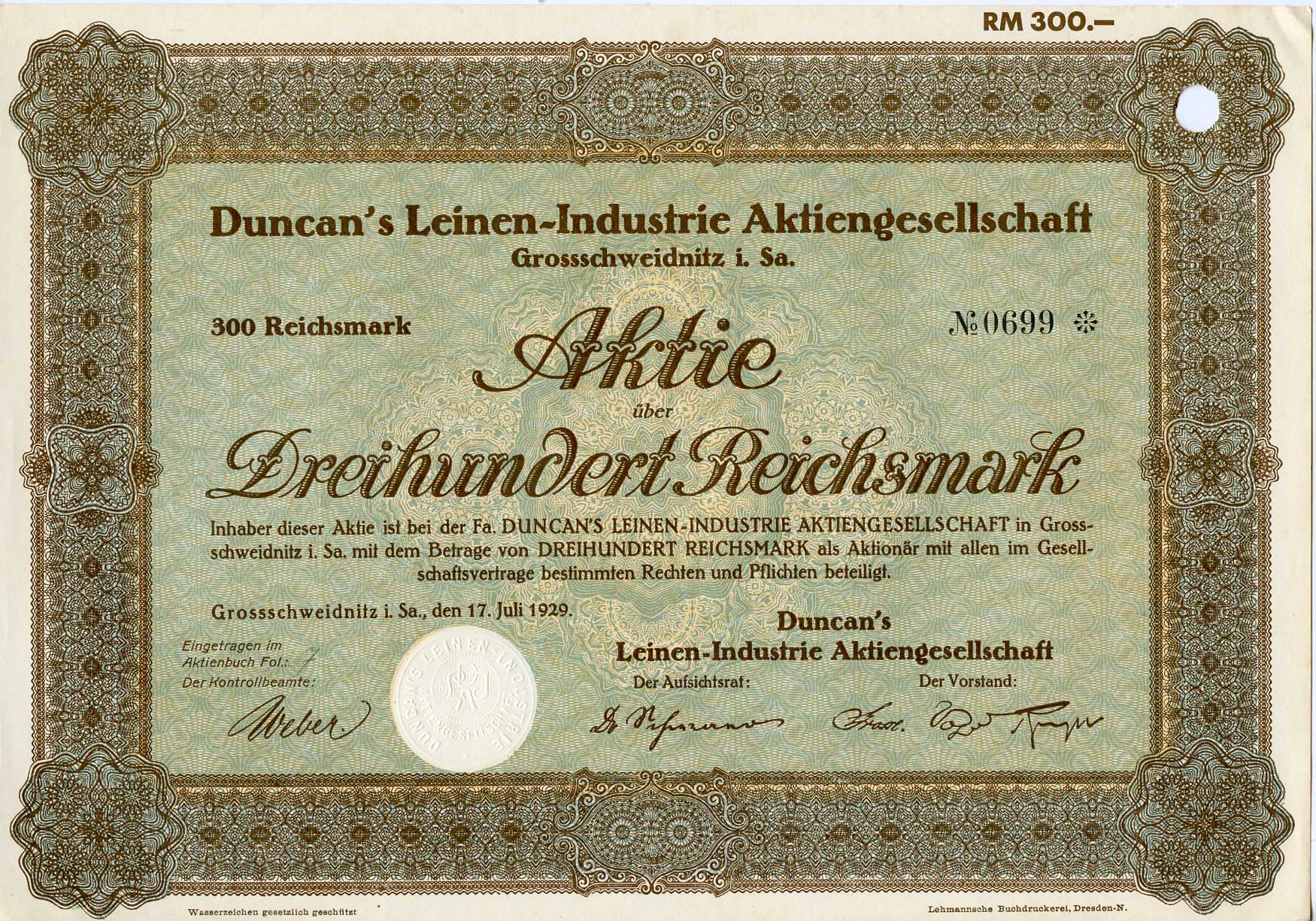 Германия 300 рейхсмарок 1929 АО Duncan's Leinen-Industrie, акция   бумага  8803-52-1
