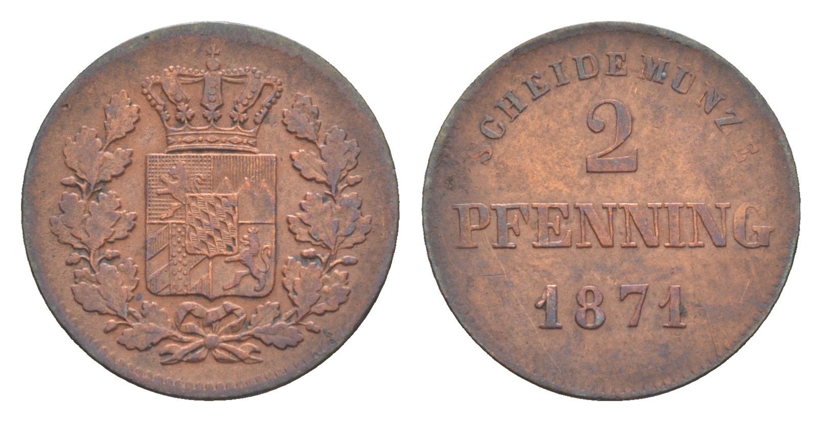 Бавария 2 пфеннига 1871 Людвиг II (1864-1886) KM 857 медь 4649-513