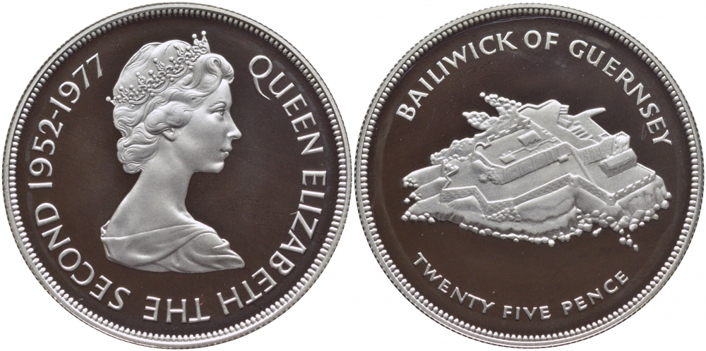 Гернси 25 пенсов 1977 25 лет правления Елизаветы II, крепость KM 31a серебро PROOF 02-090-31