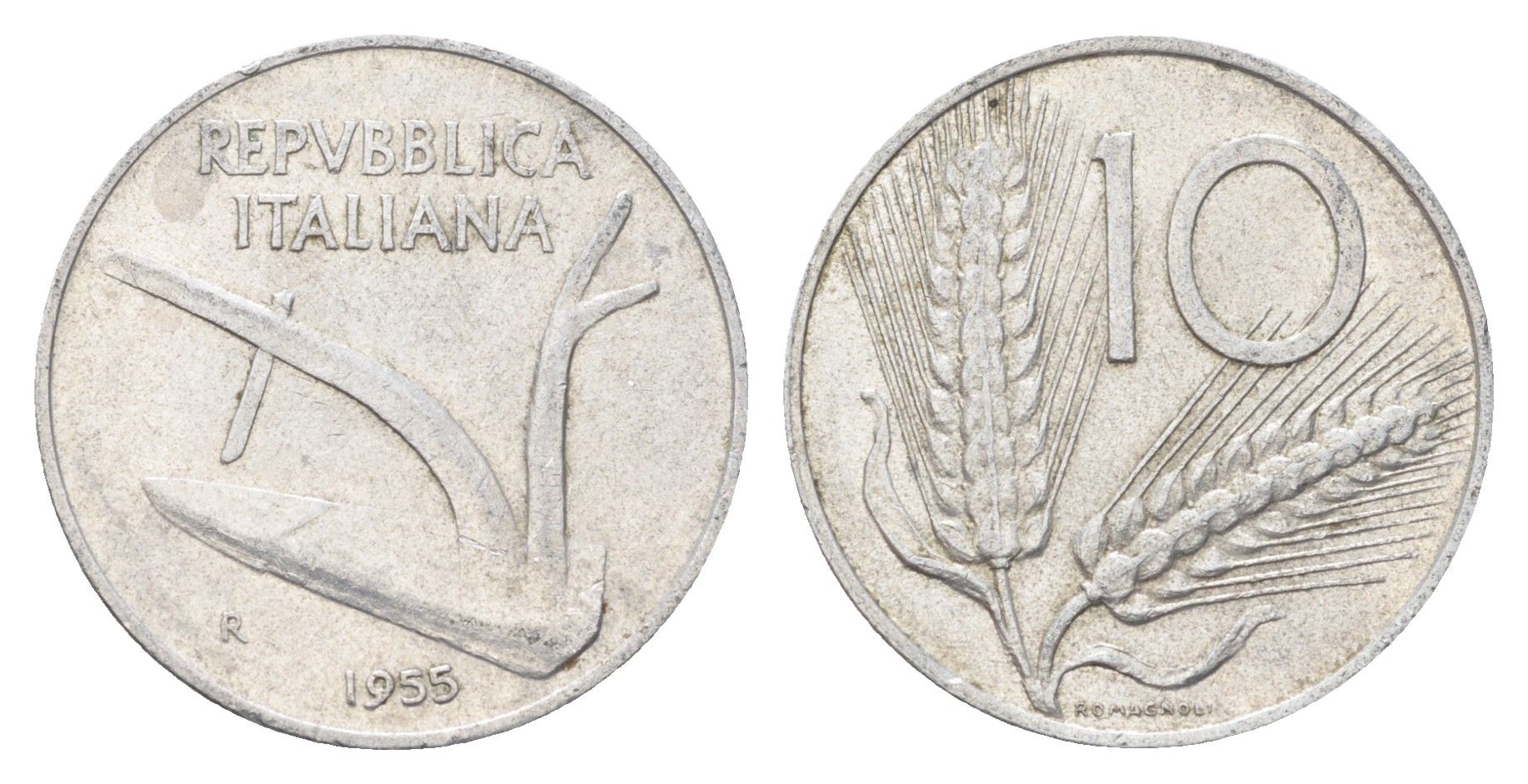 Италия 10 лир 1955 R, плуг, колосья KM 93 алюминий 4704-532