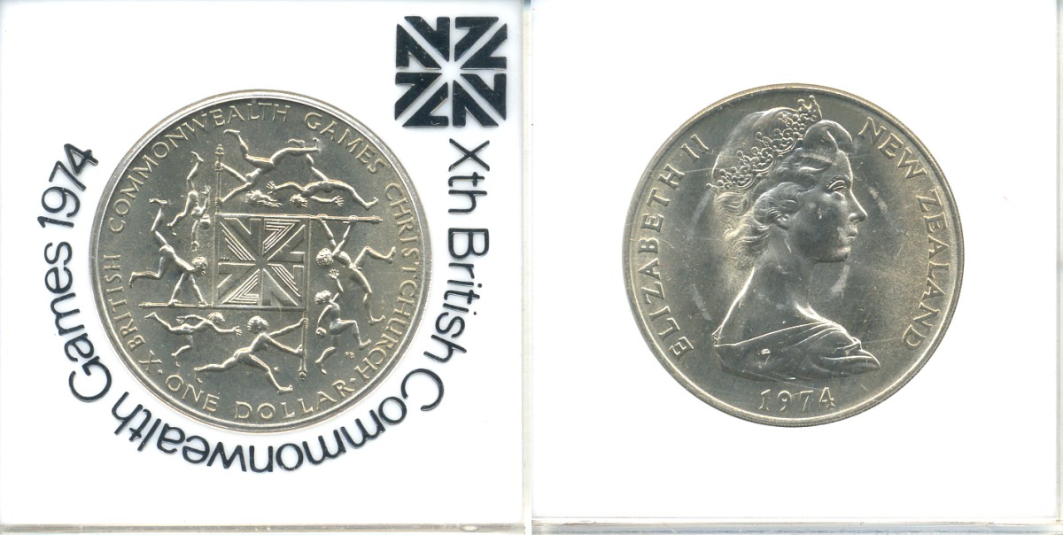 Новая Зеландия 1 доллар 1974 X Игры Британского Содружества наций, Елизавета II (1952-2022), в оригинальной пластиковой упаковке KM 44 медно-никель UNC 06-059-6