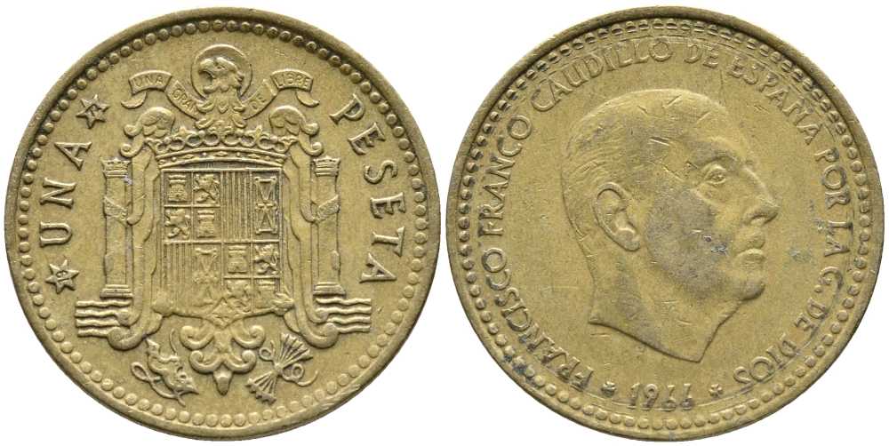 ИСПАНИЯ 1 ПЕСЕТА 1966 (72) ФРАНСИСКО ФРАНКО ДИКТАТОР ИСПАНИИ (1939-1975) KM 796 алюминиевая бронза 110-1226