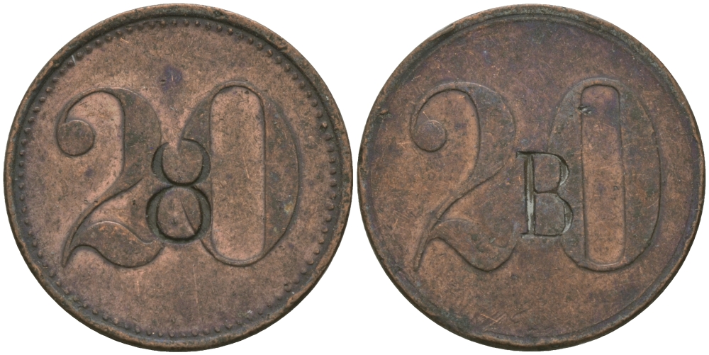 ФРАНЦИЯ 20 САНТИМОВ ND ПЛАТЕЖНЫЙ ЖЕТОН НАЧАЛА XX ВЕКА, ЦИФРЫ НОМИНАЛА 11 ММ., НАДЧЕКАНКА 8 НА АВЕРСЕ, БУКВА В НА РЕВЕРСЕ, ДИАМЕТР 22 ММ. медь 99-537