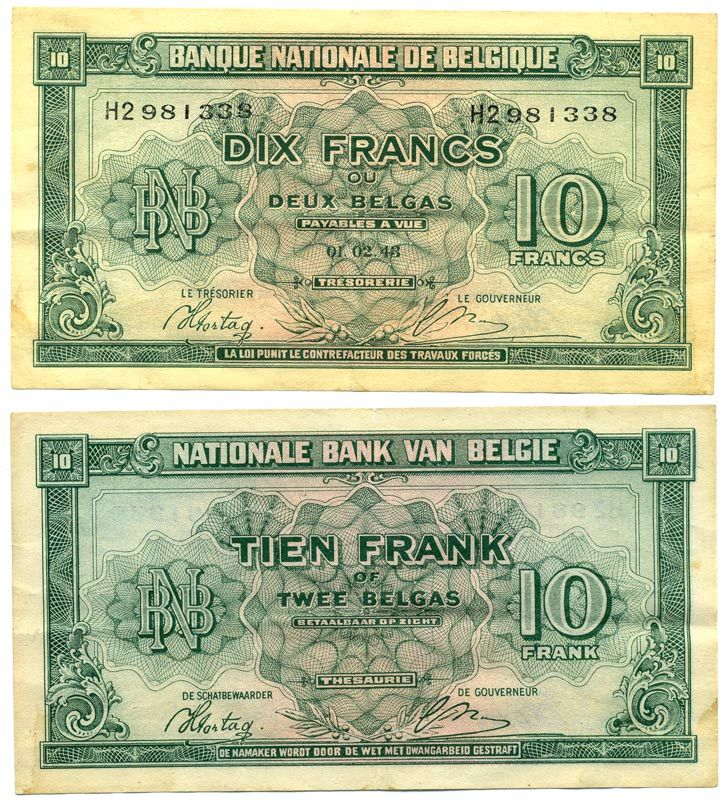 БЕЛЬГИЯ 10 ФРАНКОВ 1944 1 ФЕВРАЛЯ 1943, КОРОЛЬ В ИЗГНАНИИ Pick 122 бумага 7486-66-2-2