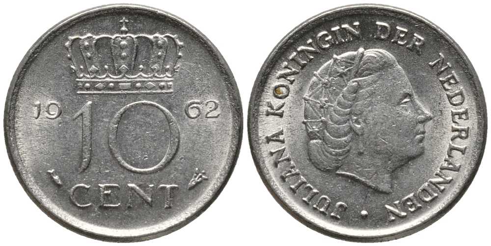 НИДЕРЛАНДЫ 10 ЦЕНТОВ 1962 ЮЛИАНА KM 182 никель 112-736