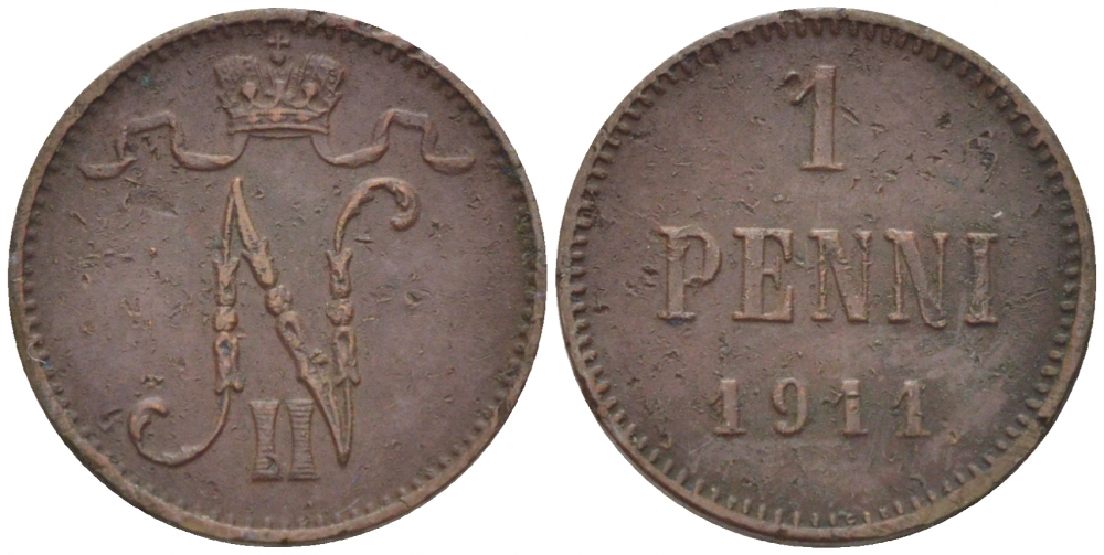 Россия для Финляндии 1 пенни 1911 Николай II (1894-1917) KM 13, Биткин 471 медь 4396-1346