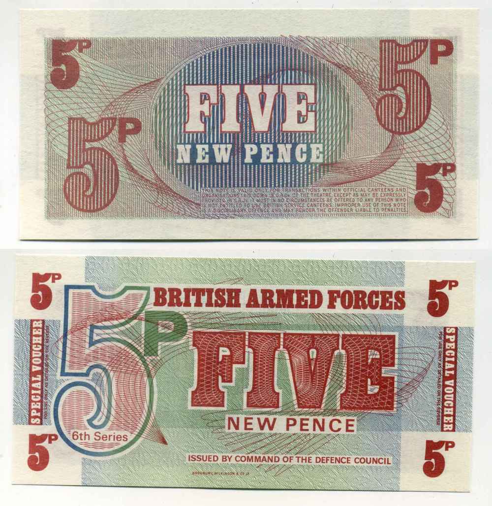 АНГЛИЯ 5 ПЕНСОВ 1972 ДЛЯ ВООРУЖЕННЫХ СИЛ, 6 СЕРИЯ, BRADBURY WILKJSON @ Co Pick М44 бумага UNC (ПРЕСС) 8589-46-1-2