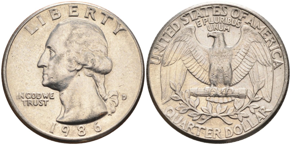 США 25 центов = квотер 1986 D, Вашингтон KM A164a медь плакированная медно-никелем 4584-1232