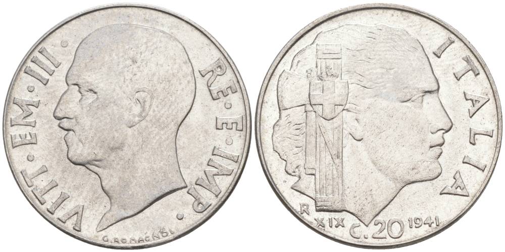 ИТАЛИЯ 20 ЧЕНТЕЗИМО 1941 R, ГОД XIX, ВИКТОР ЭММАНУИЛ III (1900-1946) KM 75b, VEM3. 1028 нержавеющая сталь 3853-612