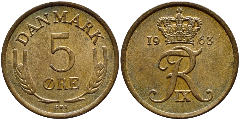 ДАНИЯ 5 ЭРЕ 1963 C; S, ФРЕДЕРИК IX (1947-1972) KM 848.1 бронза 4398-845