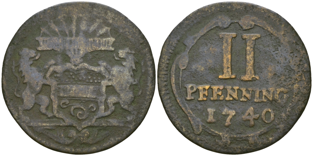 Мюнстер 2 пфеннига 1740 городские деньги KM 337 медь 99-846