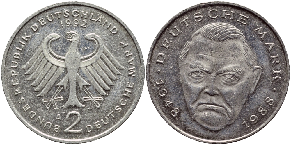 ФРГ 2 МАРКИ 1992 A, ЭРХАРД ЛЮДВИГ КМ 170 J.445 медно-никель плакированный никелем 80-333