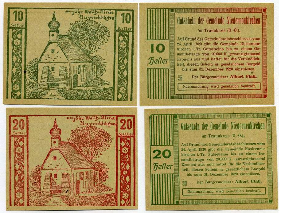 Австрия, Нидернойкирхен набор из 2 банкнот 10 и 20 геллеров 1920 24 апреля 1920 - 31 декабря 1920, нотгельд, коммуна в земле Верхняя Австрия   бумага  UNC (пресс) 7555-27-2-1